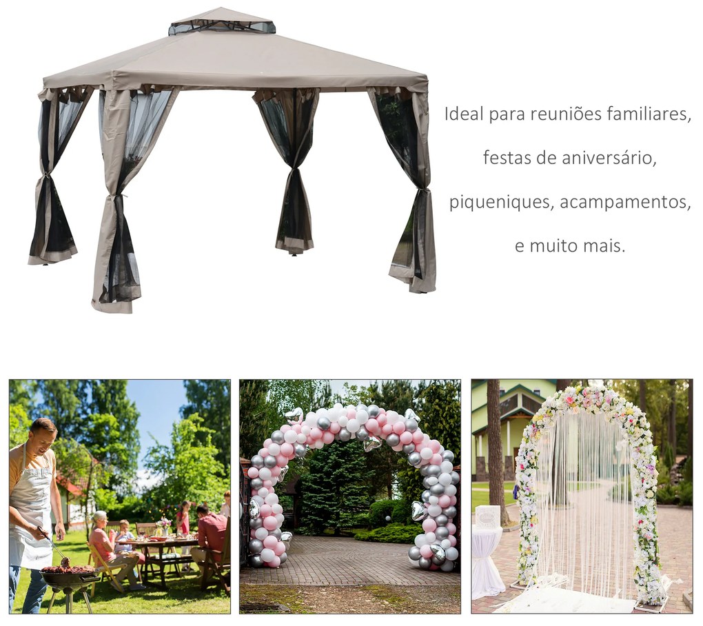 Outsunny Pérgola de Jardim 3x3m Pérgola de Exterior com Duplo Teto de Ventilação 8 Orifícios de Drenagem e 4 Telas Mosquiteiras com Fecho de Correr para Festas Pátio Marrom Cáqui