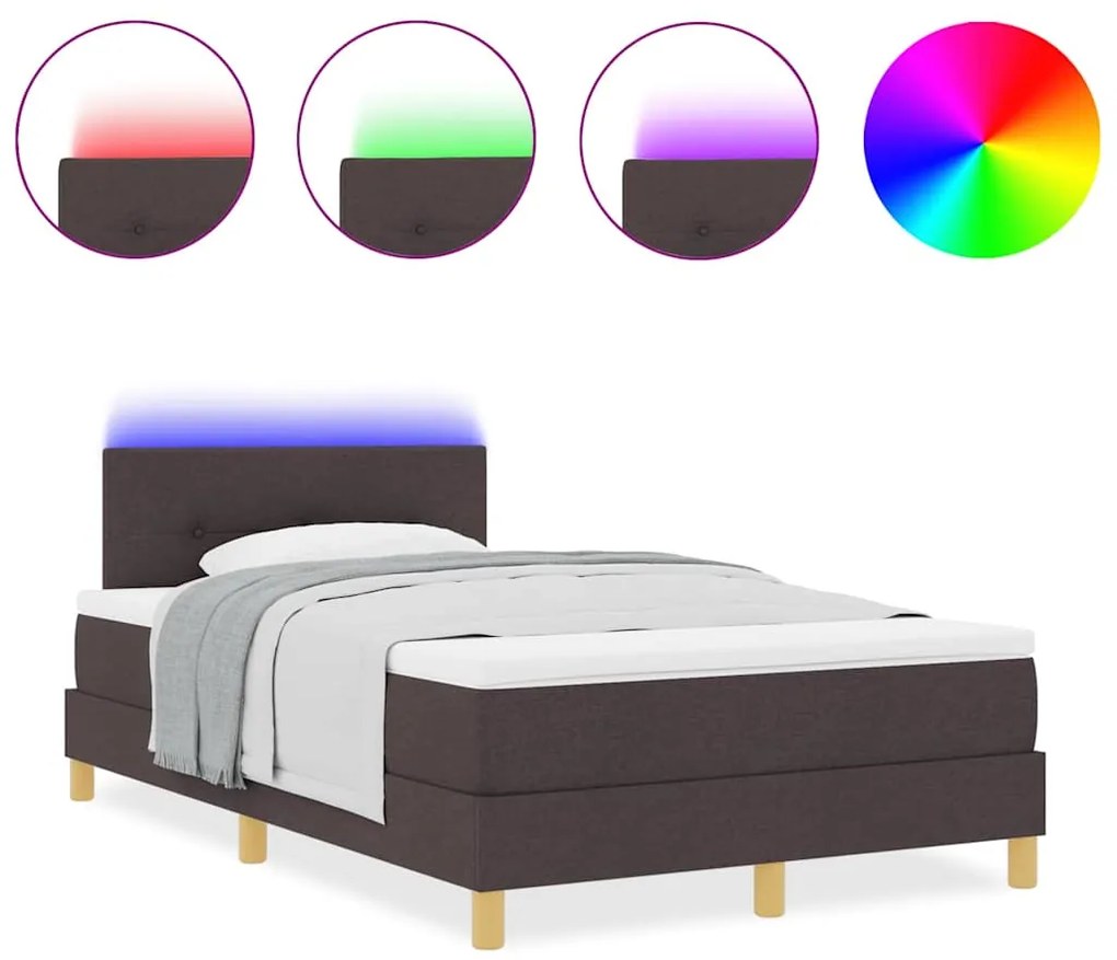 Cama Box Spring com Colchão &amp; LED Castanho Escuro 120x200 cm Tecido