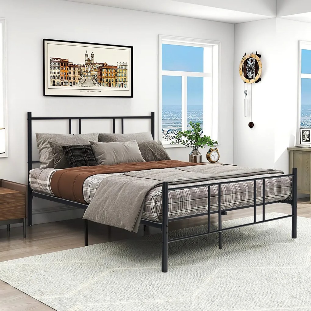 Estrutura de cama metálica com cabeceira e estribo de aço de montagem fácil 200x160 Preto