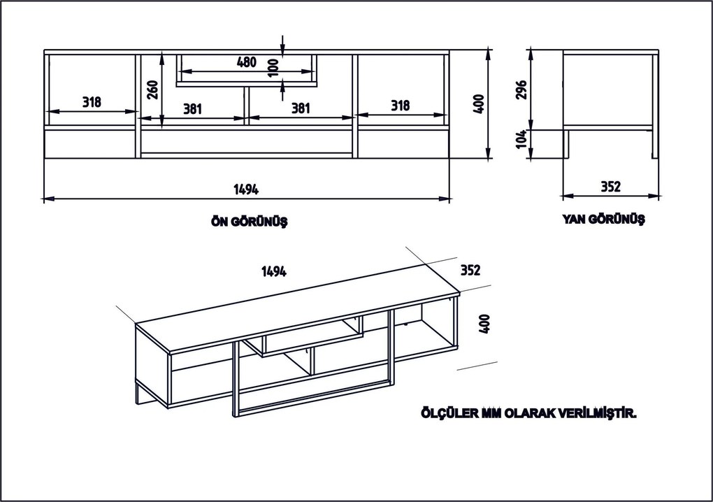 Móvel TV Asal – Branco/Preto/Carvalho – 149,4 cm x 40,2 cm x 35,2 cm