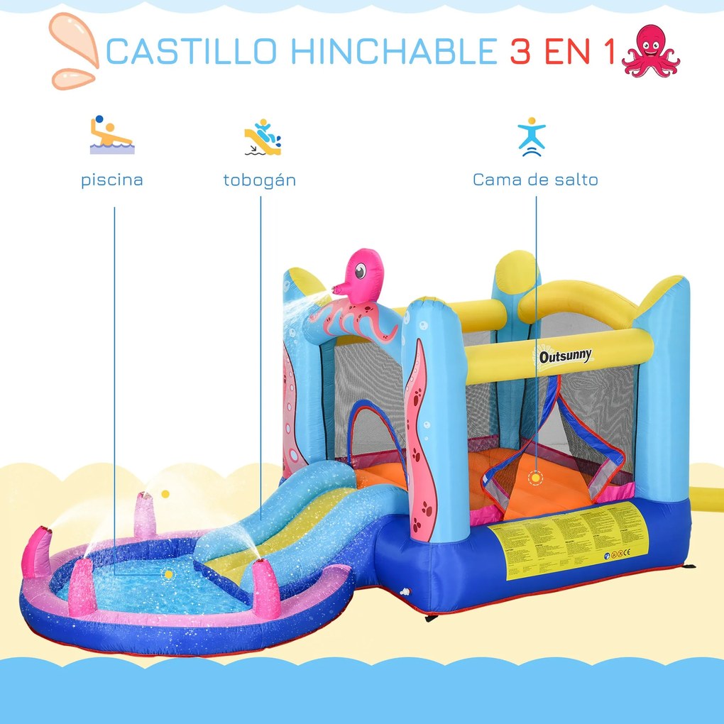 Outsunny Castelo Insuflável com Escorrega Trampolim e Piscina para Cri