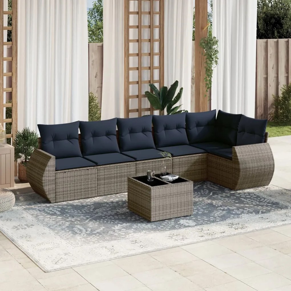 vidaXL 7 pcs conjunto sofás p/ jardim c/ almofadões vime PE cinzento