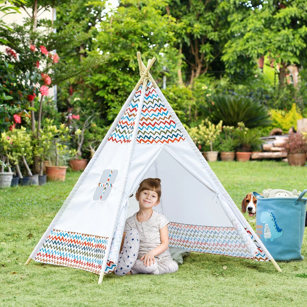 HOMCOM Tenda Tipi para Crianças acima de 3 Anos Tenda Tipi Infantil de Madeira Portátil com Janela para Interiores e Exteriores 120x120x155cm Branco