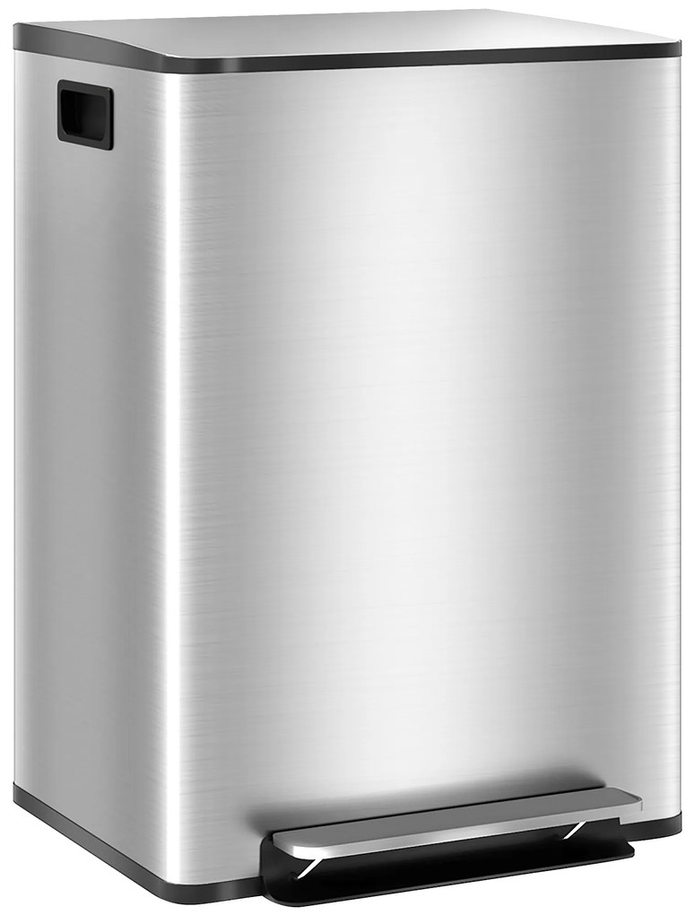 HOMCOM Balde de Lixo de Cozinha com 2 Compartimentos 2x30L Pedal Fechamento Suave e Cubo Amovível Prata