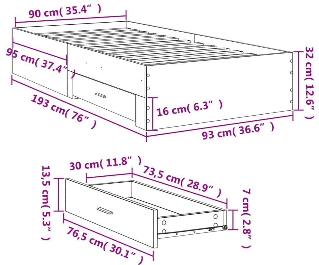 Estrutura cama c/ gavetas 90x190 cm derivados de madeira branco