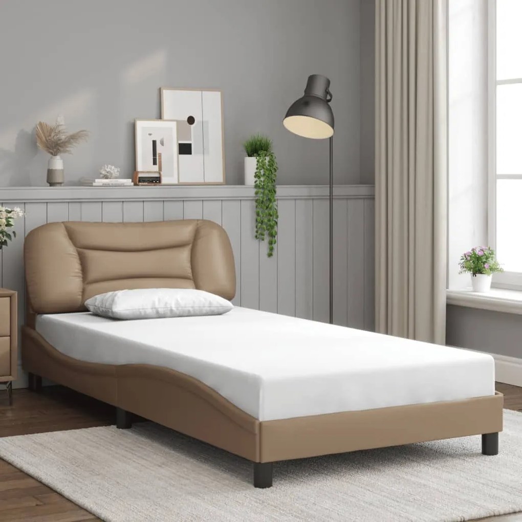 Estrutura cama c/ luzes LED 100x200 cm couro artif. cappuccino