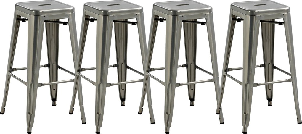 Conjunto de 4 bancos de bar industriais empilháveis (MESA NÃO INCLUIDA), com altura do assento de 76 cm, em metal prateado