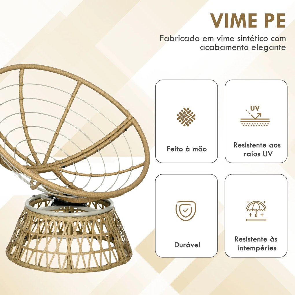 Cadeira Papasan Giratória de Vime Sintético com Almofada Suporta 120 kg para Exterior Jardim Terraço 85x70x82 cm Castanho e Cáqui