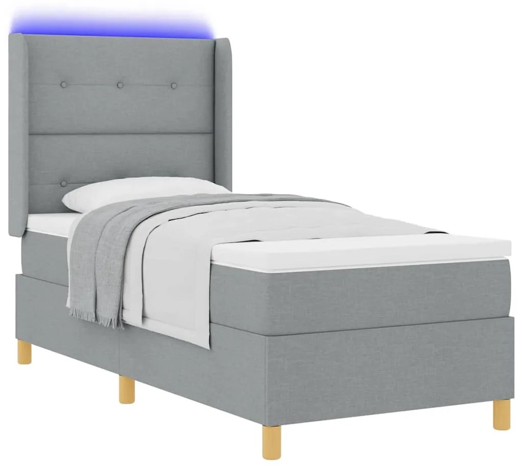 Cama Box Spring com Colchão e Luz LED Cinza Claro 80x200 cm em Tecido