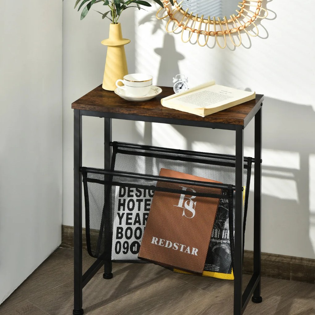Mesa Lateral Industrial com Porta Revistas Pequena Mesa Lateral Estreita de 2 Níveis Superfície de Madeira para Sala de Estar Escritório de Quartos 49 x 25,5 x 61 cm