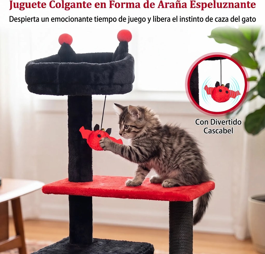 Árvore para Gatos Gótica, 48,5 x 48,5 x 144 cm, Multinível, Vermelho+Preto