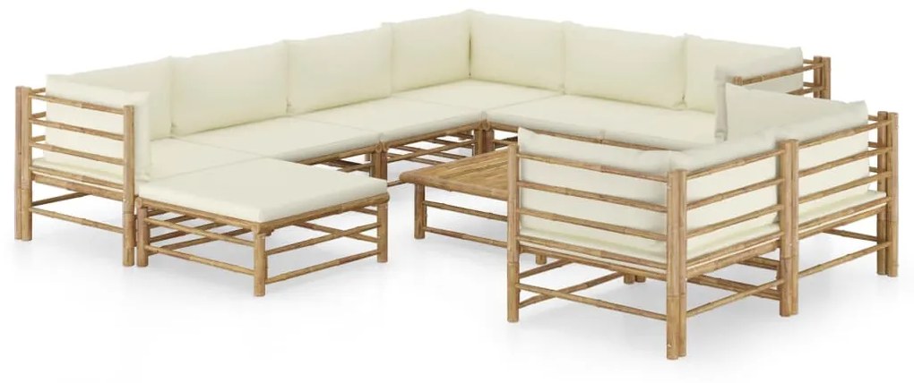 10 pcs conj. lounge jardim em bambu c/ almofadões branco nata