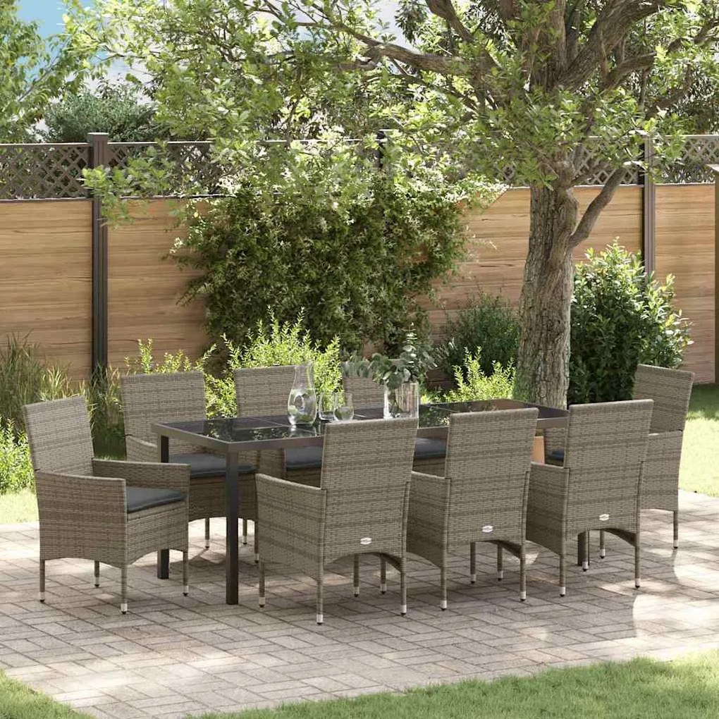 vidaXL Conjunto de Jantar de Jardim com 9 Peças e Almofadas Cinzas