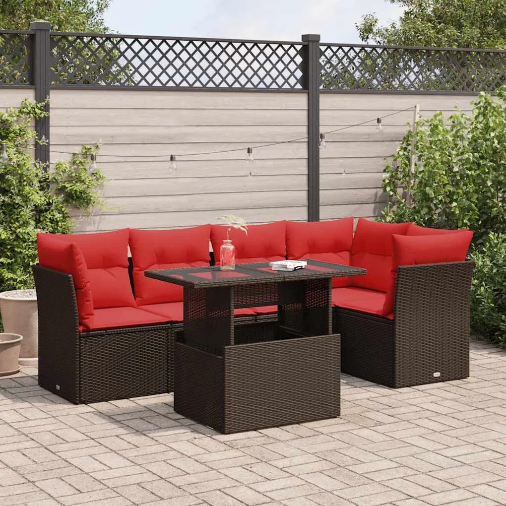 6 pcs conj. sofás jardim c/ almofadões vime PE/acácia castanho