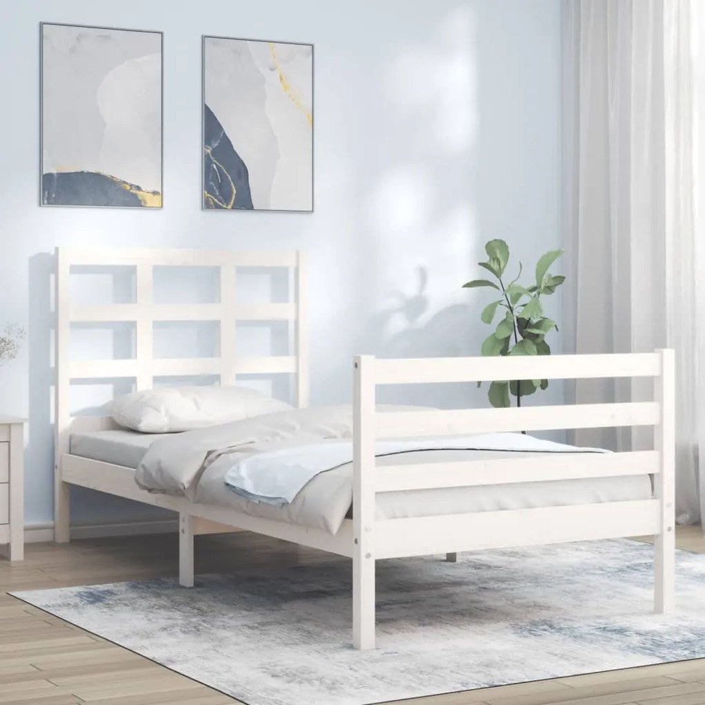 Estrutura de cama com cabeceira 100x200cm madeira maciça branco