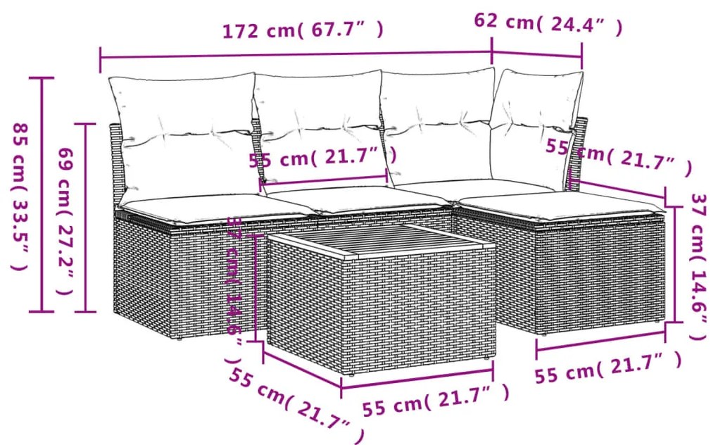 5 pcs conj. sofás jardim c/ almofadões vime PE bege misturado