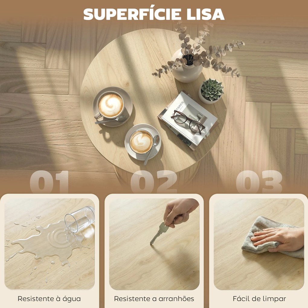 Mesa de Centro Redonda com Base de Coluna de Ripas para Sala de Estar ou Quarto Ø60x40 cm Madeira