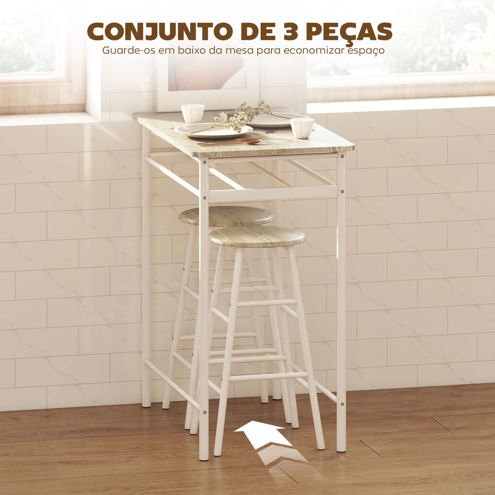 Conjunto de Móvel Bar com Mesa Alta e 2 Bancos com Prateleira de Armazenamento e Estrutura de Metal 80x50x90cm Branco e Madeira