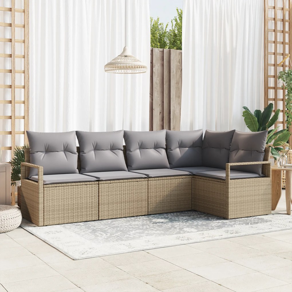 Conjunto de Sofá de Jardim vidaXL de 5 Peças com Almofadas Bege Rattan Poliéster
