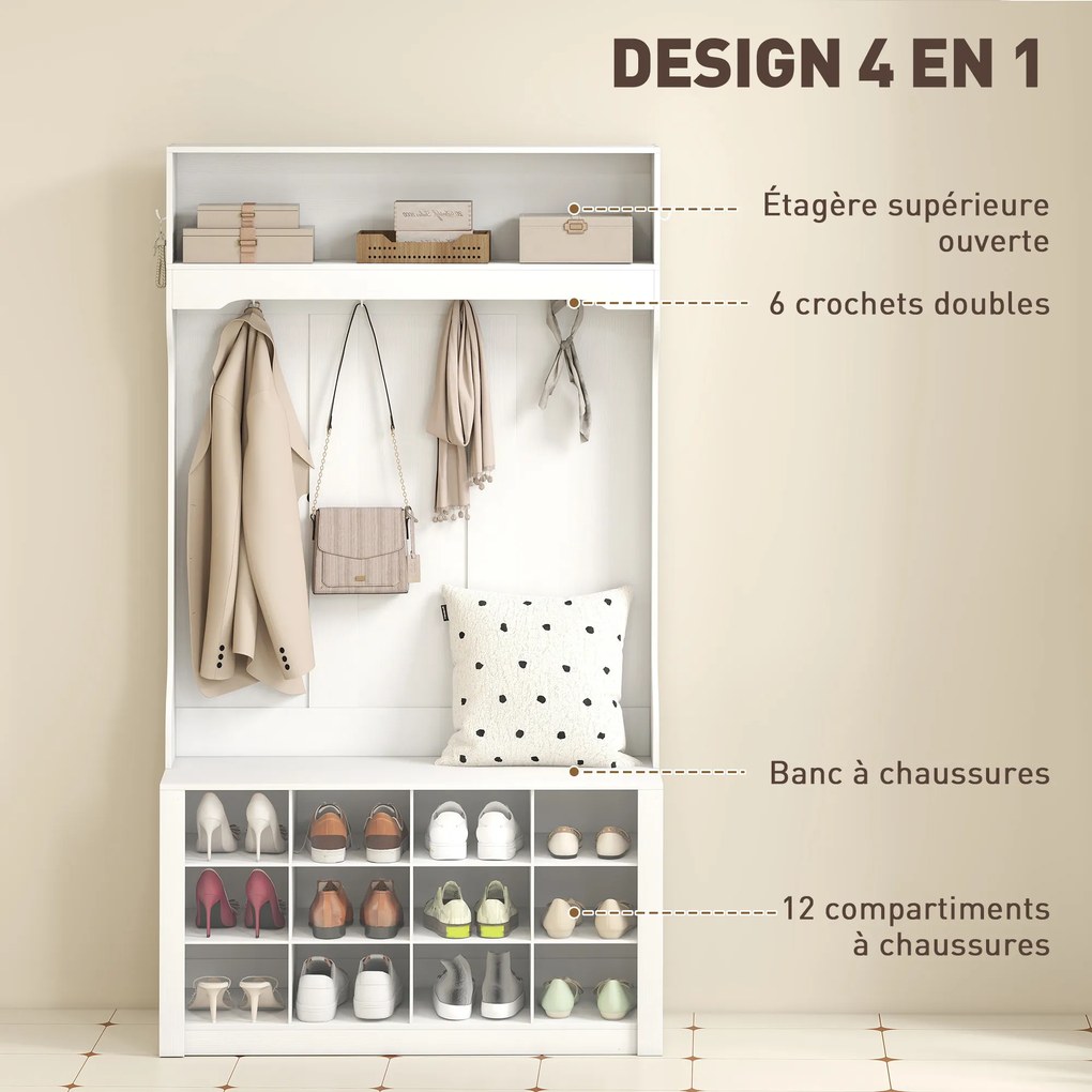 Móvel entrada, Hall 4 em 1 com banco 100 (C) x 35 (P) x 172,2 (A) cm, com 12 compartimentos para sapatos, 6 ganchos e prateleira aberta, branco