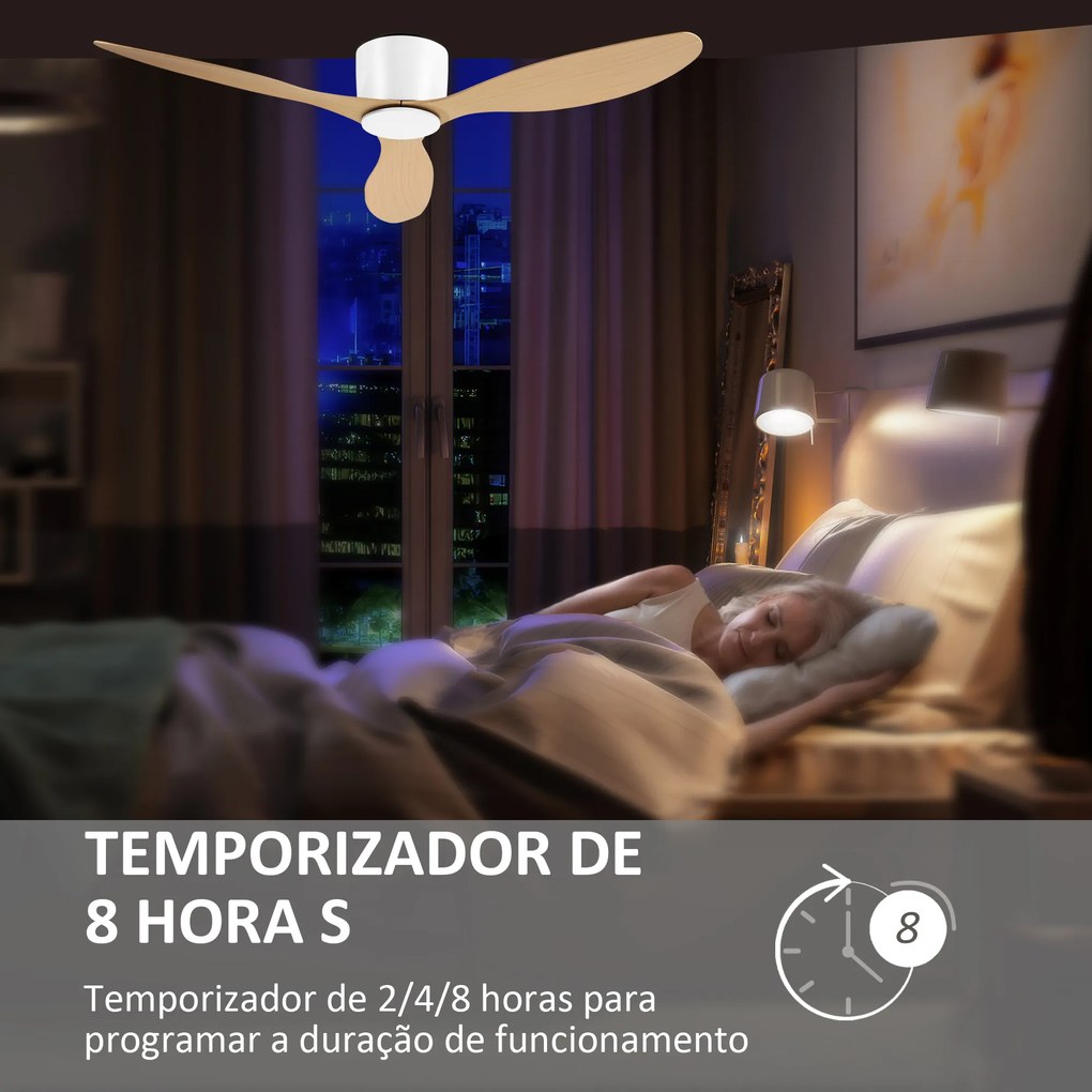 HOMCOM Ventoinha de Teto Motor DC Ø132x18 cm com Controle Remoto 3 Lâminas Reversíveis 6 Velocidades e Temporizador Silencioso para Dormitórios Sala de Jantar Branco e Natural