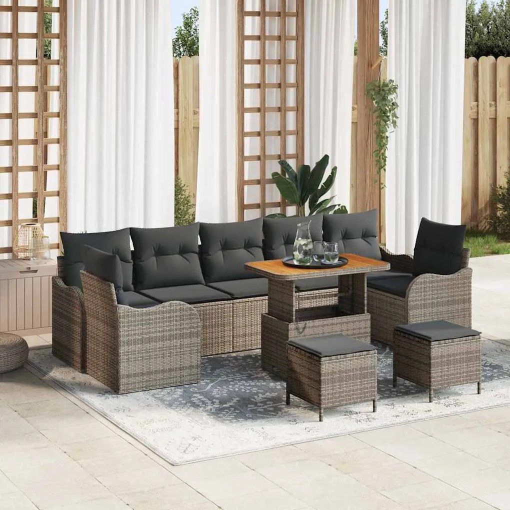 vidaXL Conjunto de Sofá de Jardim de 10 Peças com Almofadas Cinza em Rattan de Polipropileno e Madeira de Acácia.