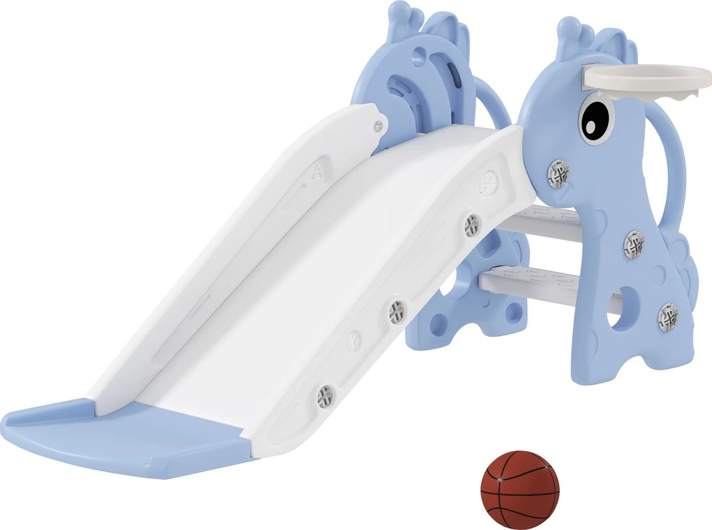AIYAPLAY Escorrega para Crianças 3 em 1 com Escada Tabela de Basquetebol e Desenho de Girafa 106x51,5x52 cm Azul Claro | Aosom Portugal