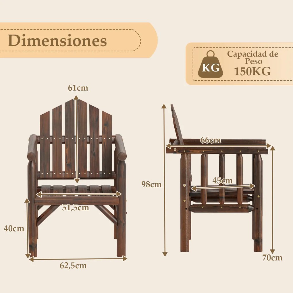 Cadeira de madeira para exteriores e para pátio com braços e encosto alto inclinado 66 cm x 62,5 cm x 98 cm castanho