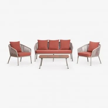 Conjunto De Jardim Com Sofá De 2 Lugares, 2 Poltronas Em Corda Trançada E Mesa De Centro Arhiza Castanho Moka - Terracota - Sklum