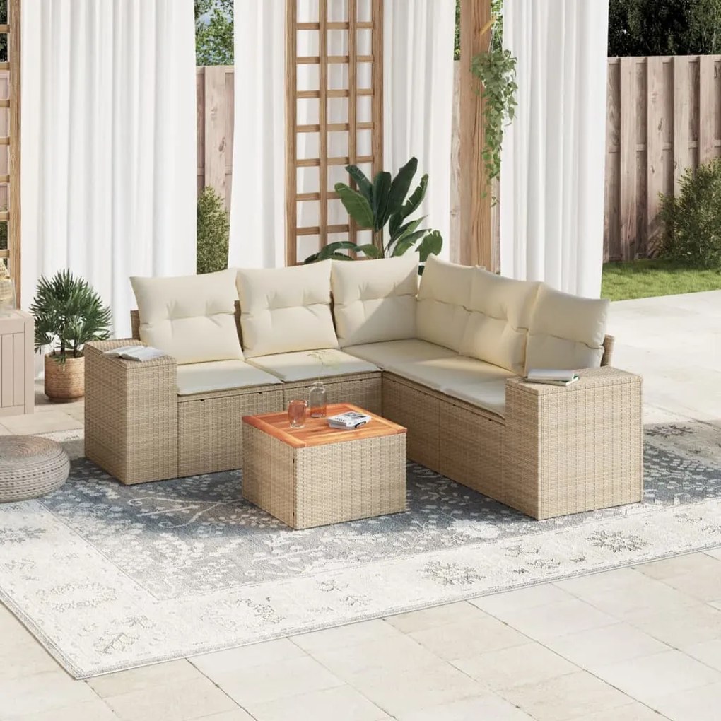 6 pcs conjunto de sofás p/ jardim com almofadões vime PE bege