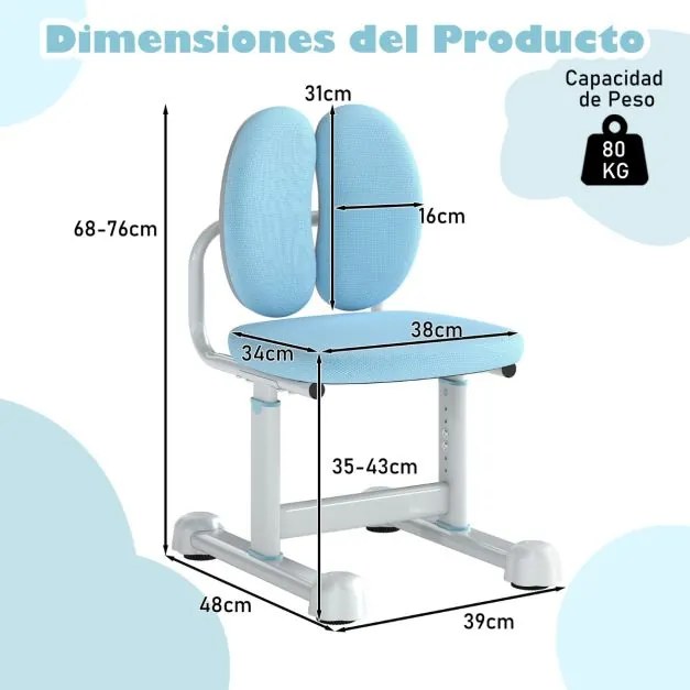 Cadeira de escritório para crianças com apoio duplo para as costas e altura ajustável estofada Azul