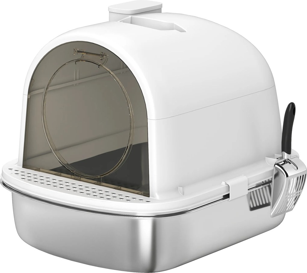 Caixa de Areia para Gatos em Aço Inoxidável com Tampa Caixa de Areia com Bolsa Desodorizante e Pá 52,4x41,3x39,9 cm Branco