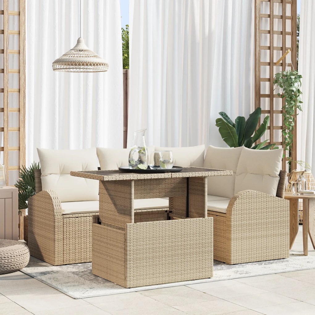 vidaXL Conjunto de Sofá para Jardim com 5 Peças e Almofadas em Bege, Rattan Poliéster