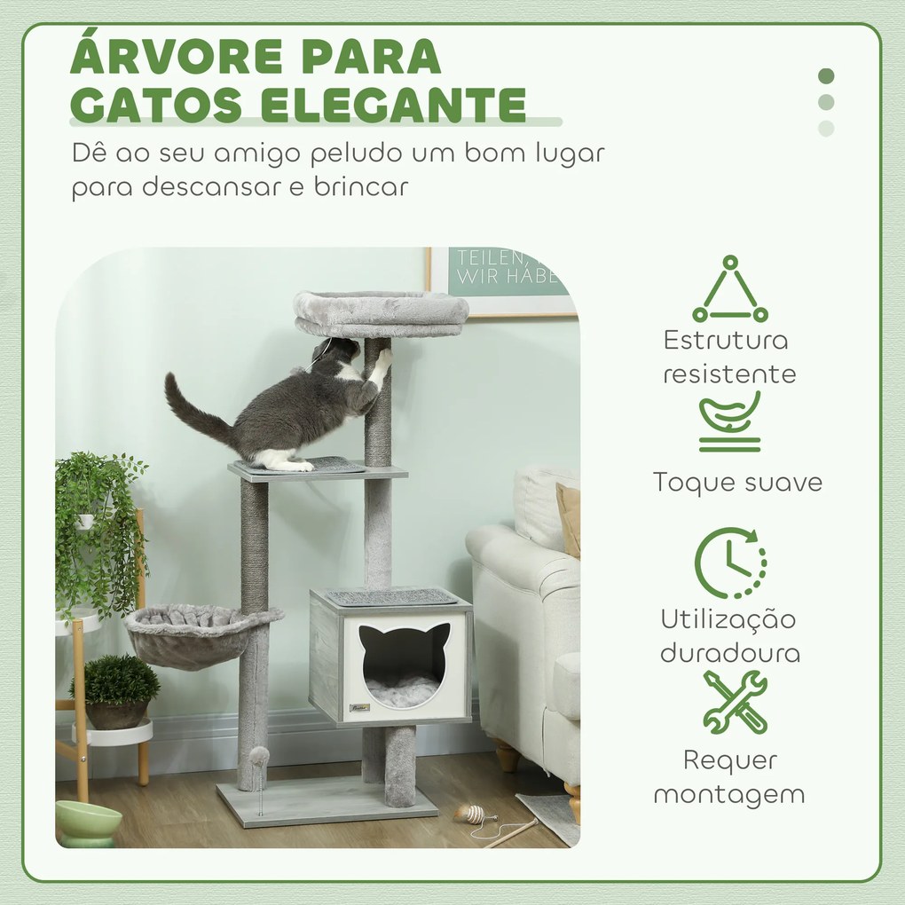 Arranhador para Gatos com Plataforma Rede Caverna Cama Postes de Sisal e Bolas de Brincar 48x40x126 cm Cinza