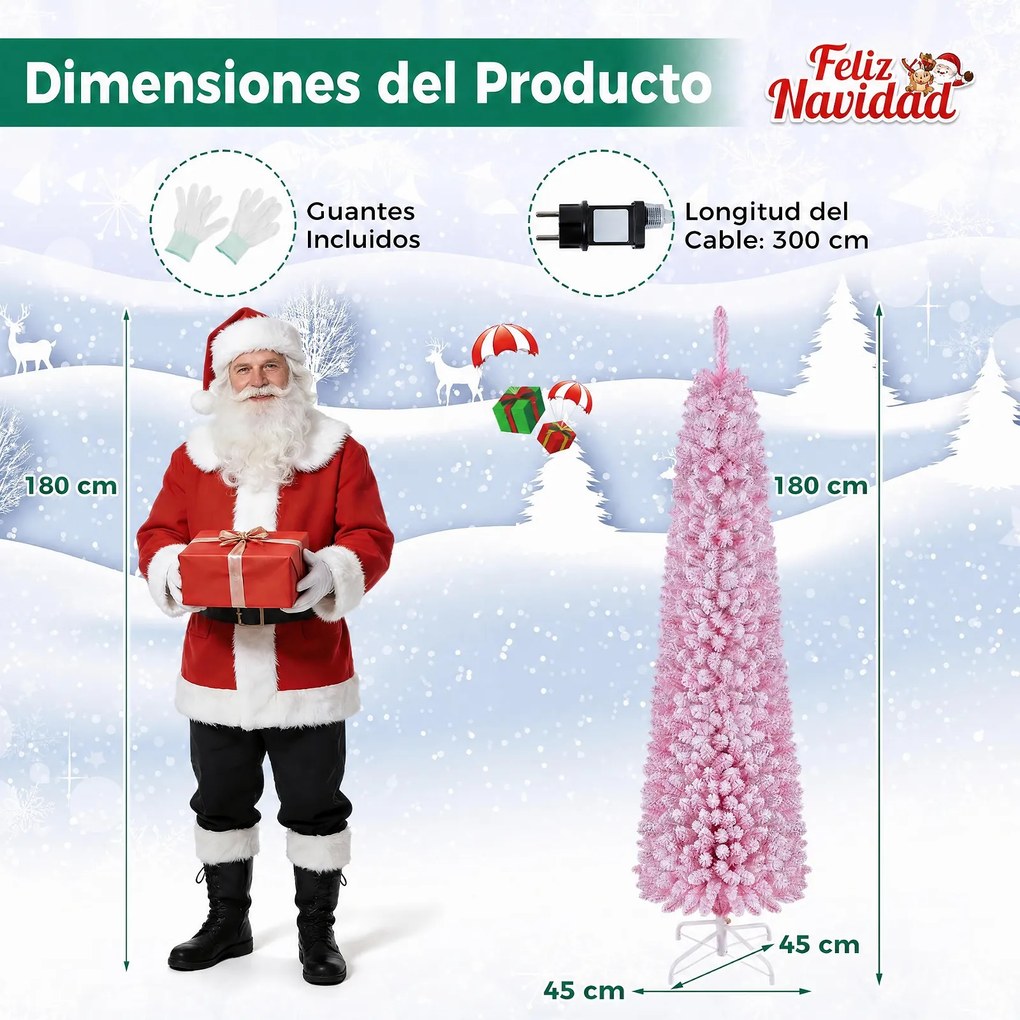 Árvore de Natal Artificial Tipo Lápis, 45 x 45 x 180 cm, Luzes LED Integradas, Rosa