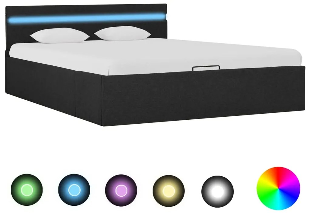 285603 vidaXL Cama hidráulica c/ arrumação LED 140x200cm tecido cinza-escuro