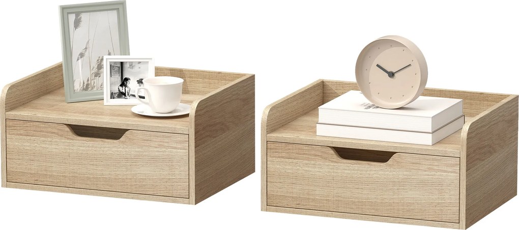 Conjunto de 2 mesas de cabeceira de parede 40 x 30 x 19,5 cm, com gaveta e tampo com rebordos elevados, cor madeira natural