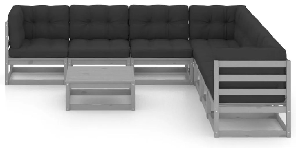8 pcs conjunto lounge de jardim + almofadões pinho maciço cinza