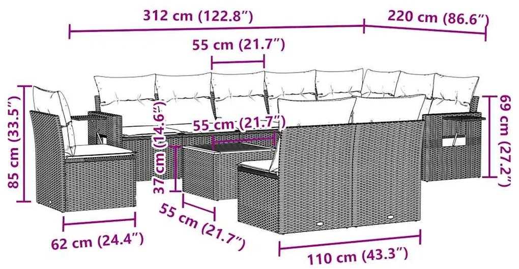 11 pcs conjunto sofás de jardim c/ almofadões vime PE preto
