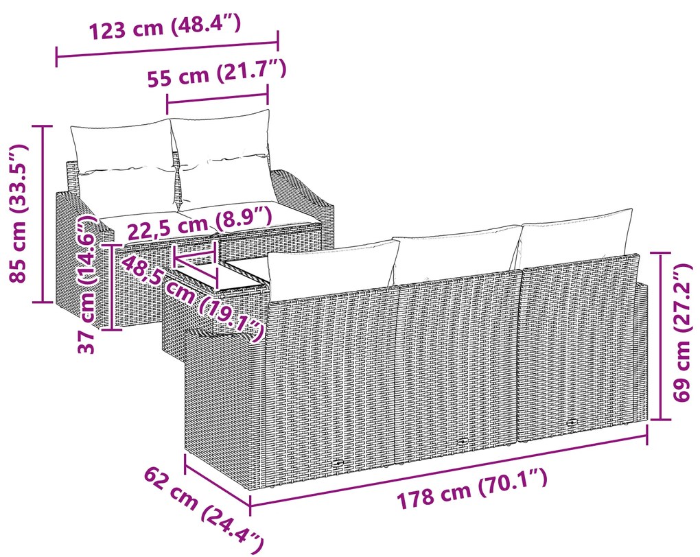 Conjunto de Sofá de Jardim de 6 Peças com Almofadas Cinza Claro Rattan