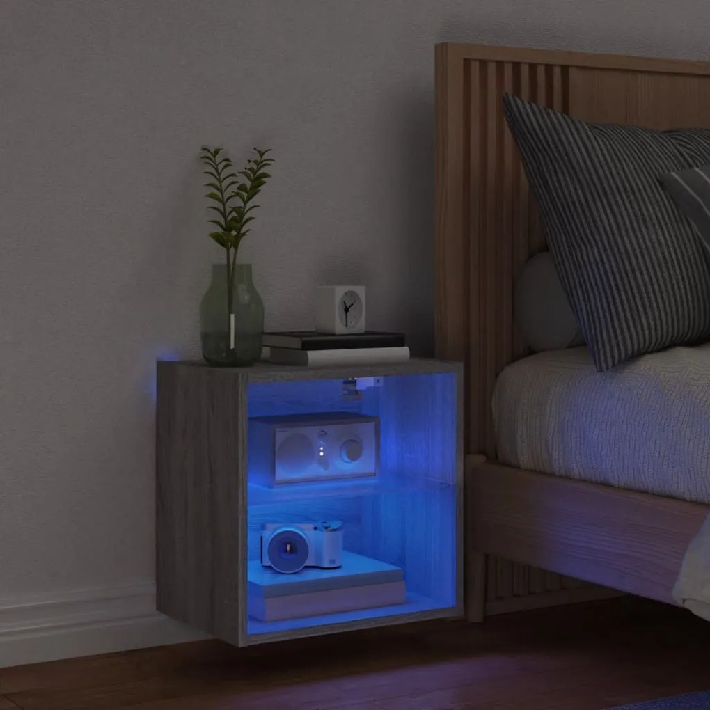 Mesa de cabeceira de parede com luzes LED cinzento sonoma