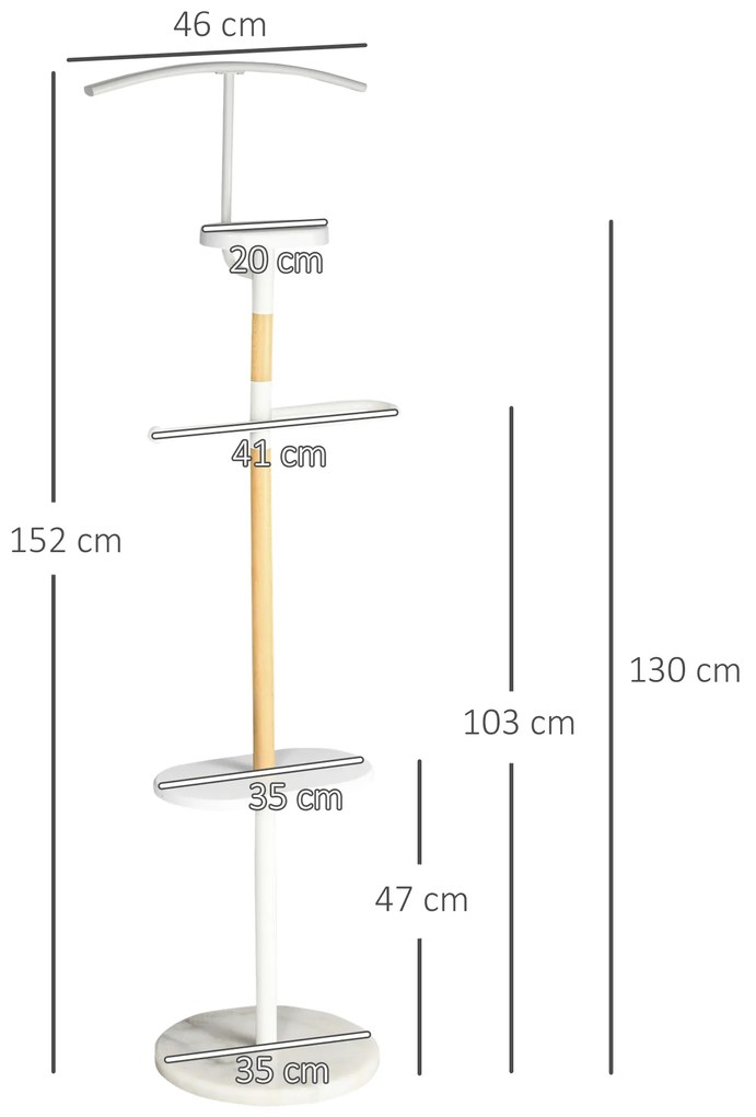 Cabide de Pé Cabide para Casacos com 2 Barras para Pendurar 2 Prateleiras de Armazenamento e Base de Mármore para Dormitório Corredor Entrada 46x35x15