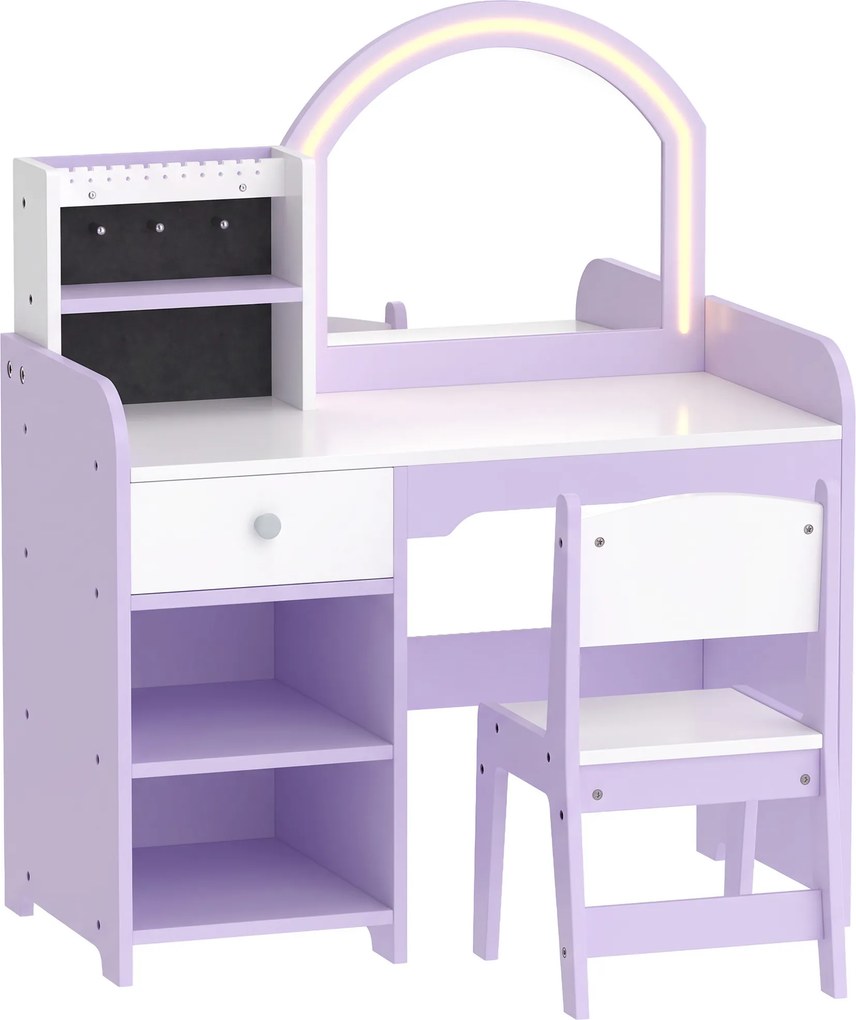 AIYAPLAY Penteadeira de Maquilhagem para Menina com Espelho LED de 2 Cores, Banco, Suportes para Joias, Gaveta e Compartimentos, Roxo | Aosom Portugal