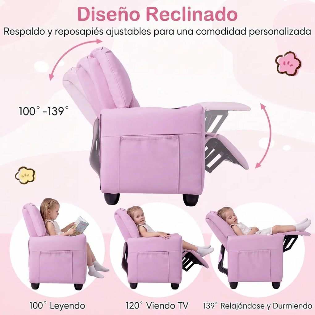 Sofá Infantil de 2 Lugares, 96 x 51,5 x 69 cm, Encosto e Apoio para os Pés Reclináveis, Rosa