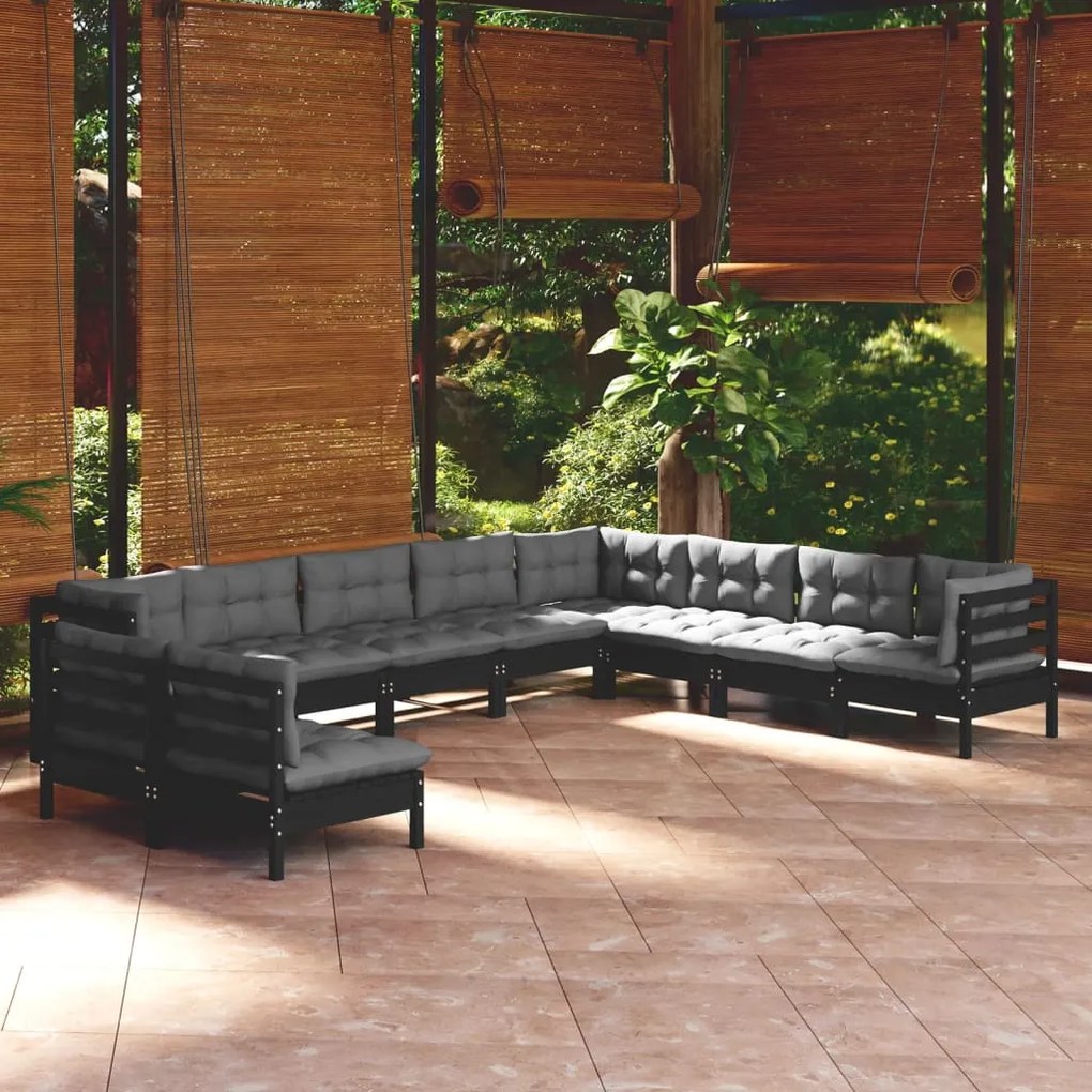vidaXL 10 pcs conjunto lounge jardim c/ almofadões pinho maciço preto