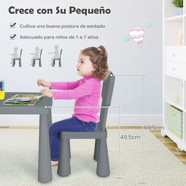 Conjunto com mesa e 2 cadeiras para crianças para comer, desenhar ou estudar 76,5 x 54,5 x 49,5 cm Cinza