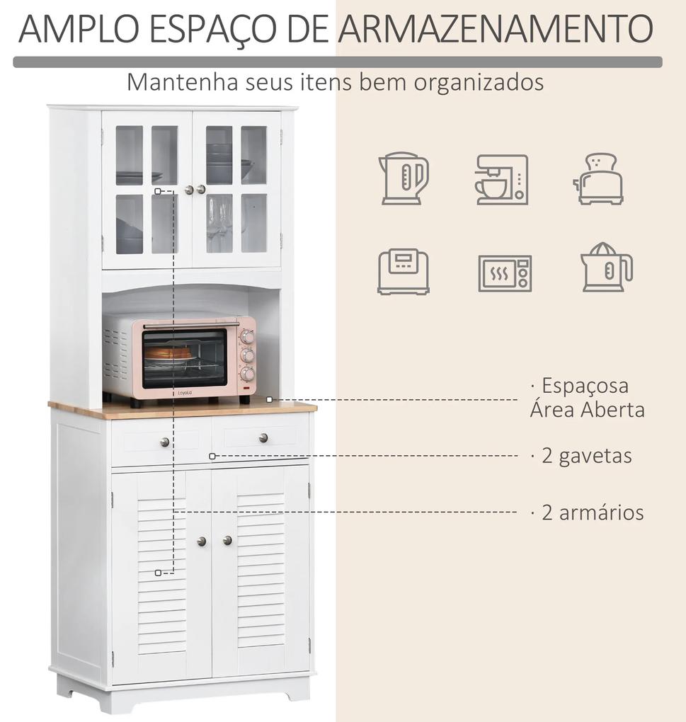 Armário de cozinha Armário aparador com 2 portas 2 gavetas e prateleira aberta para microondas 68x39,5x170 cm branco