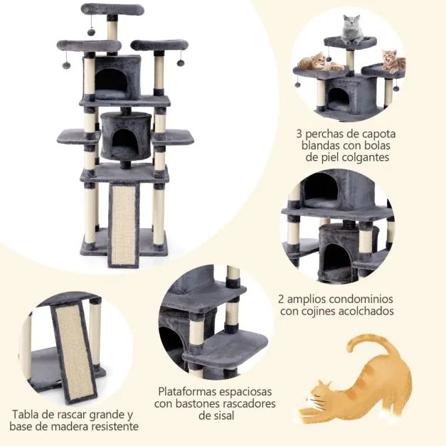Arranhador para gatos multinível 170 cm com paus para arranhar Centro de actividades Cinzento