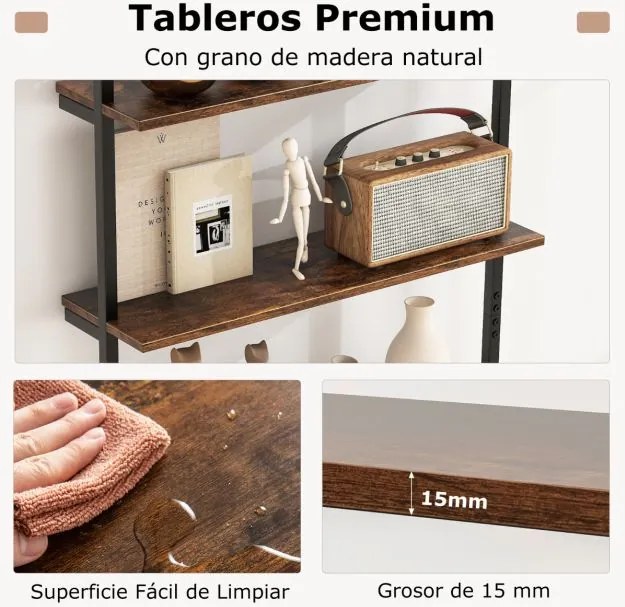 Estante de parede flutuante de 4 níveis Estante tipo escada com Moldura de metal 70 x 20,5 x 150 cm Castanho