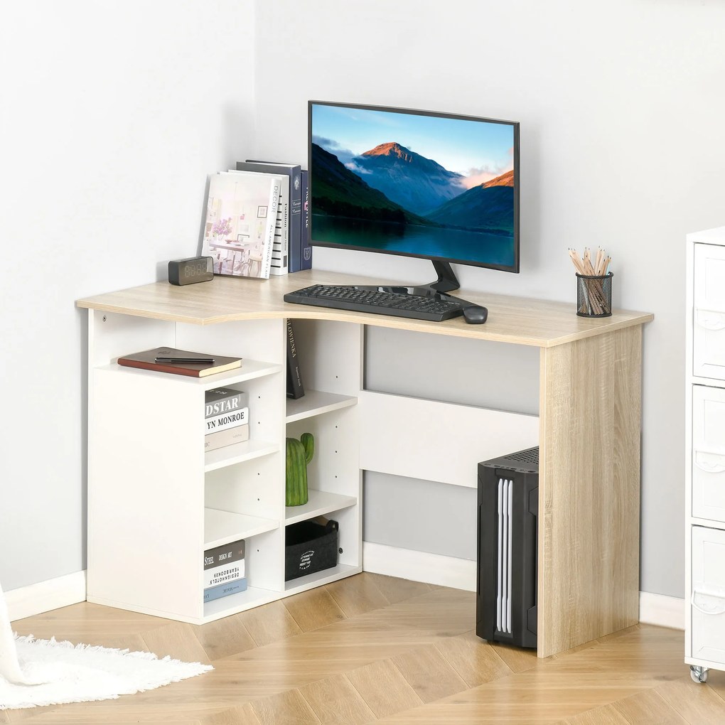 Secretária de Canto Secretária em Forma de L com Prateleiras Ajustáveis para Escritório Casa Estúdio 120x70x75cm Branco e Carvalho